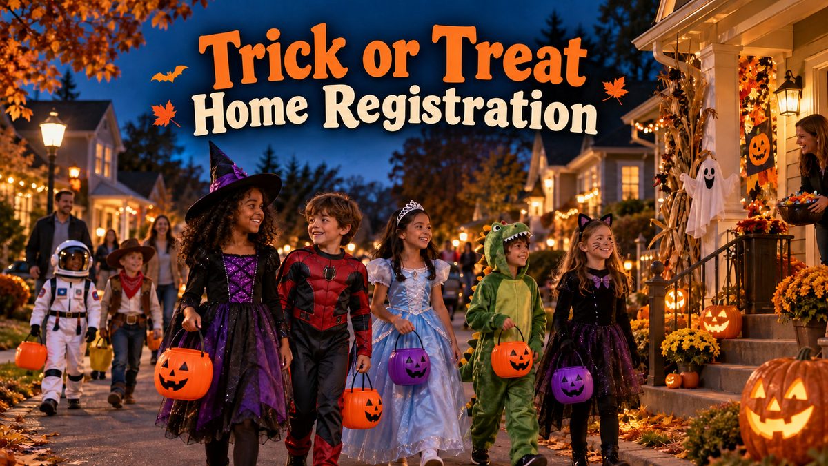 Trick-or-Treat Map 2026 in Rivers Mist: costumed children walking a decorated neighborhood street at dusk with candy buckets